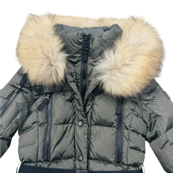 SAM.***Long Olive Green Belt Puffer Jacket Hooded w/Fur Trim***Size 10 $495 EUC - Picture 7 of 9